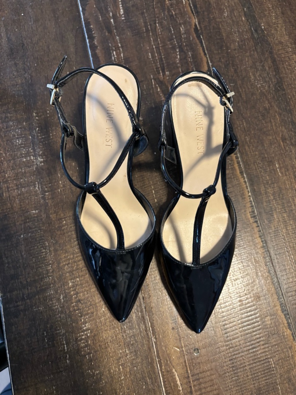 Nine West Black Patent T-Strap Pointed Toe Heels